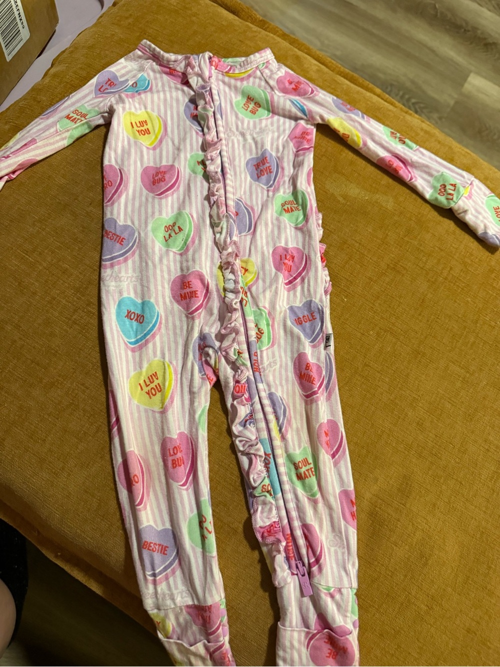 Kids Pink Heart Conversation-Print Footed One-Piece Pajamas with Ruffle Zip